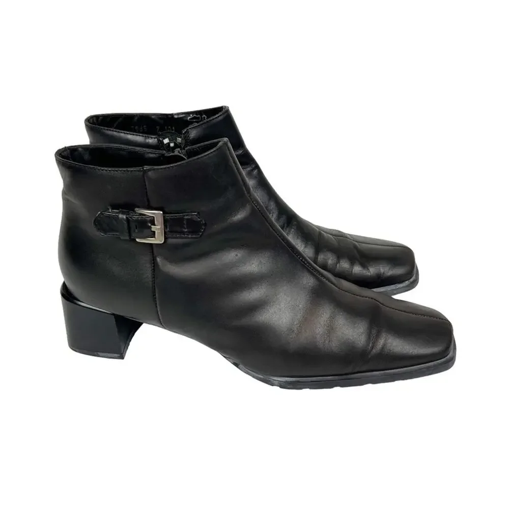 Vintage Ecco Black Leather Square Toe Ankle Boots Booties‎ Size 7